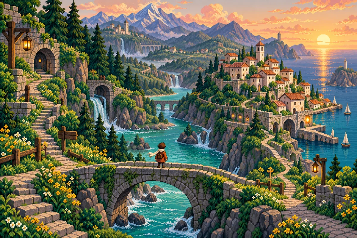 Original fictional adventure: a traveler overlooking a sunlit mountain village and turquoise river