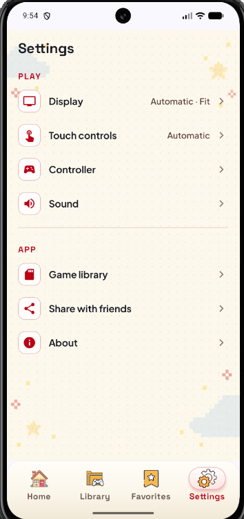 Actual Android app Settings screen with Display, Touch controls, Controller, Sound and Game library